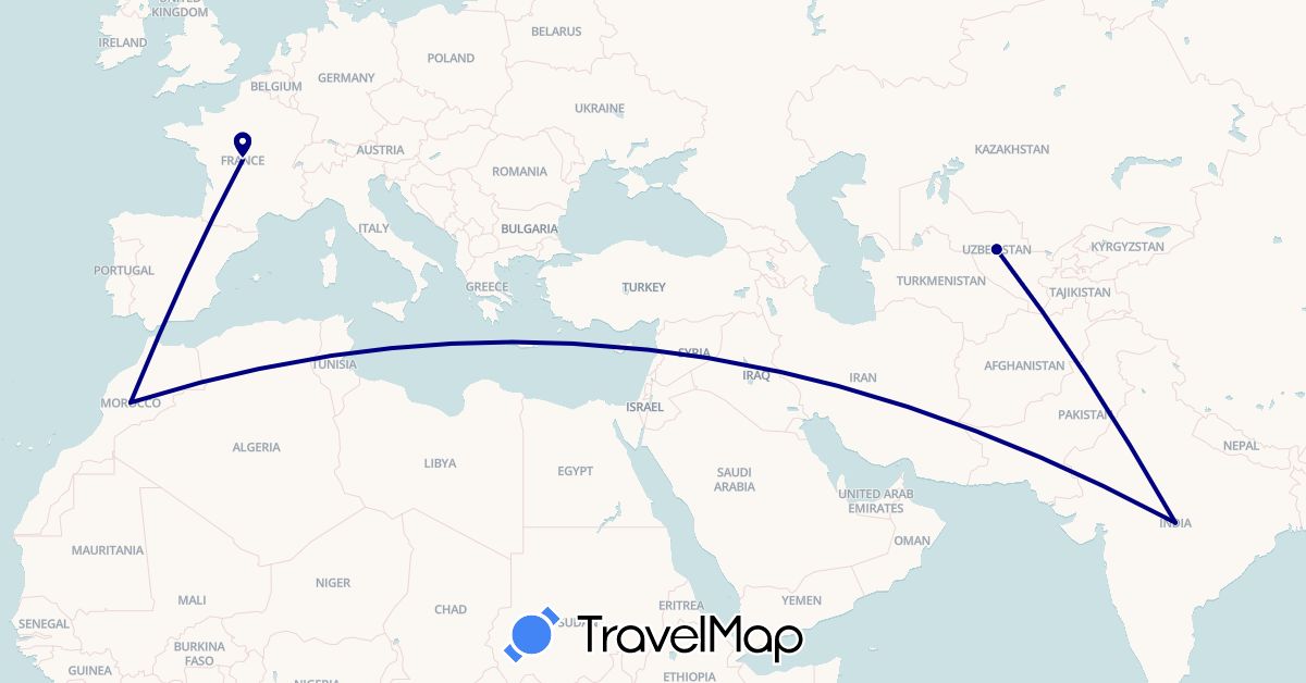 TravelMap itinerary: driving in France, India, Morocco, Uzbekistan (Africa, Asia, Europe)